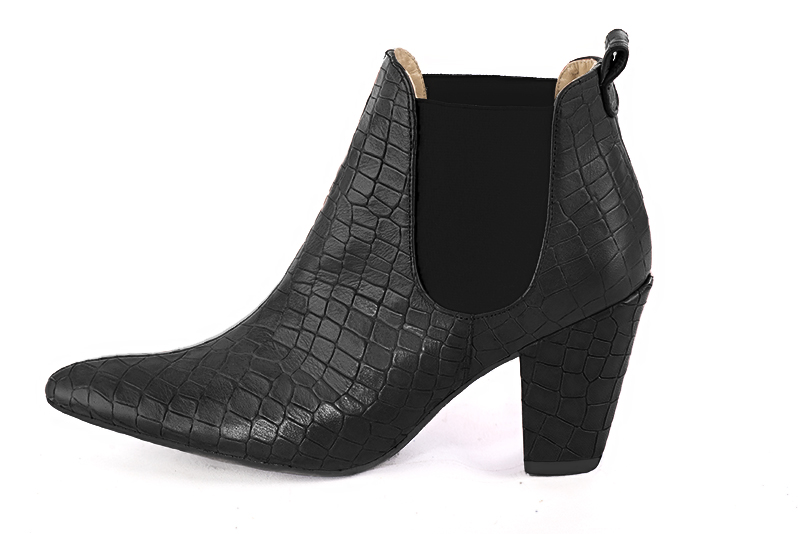 Women's satin black and matt black elegant Chelsea ankle boots, with side elastics. Tapered toe. High cone heels - Profile view